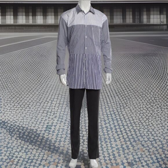 BIG & TALL LUXURY Comme des Garçons Shirt White/Blue Geometric Stripe Size 3XL - Picture 1 of 15
